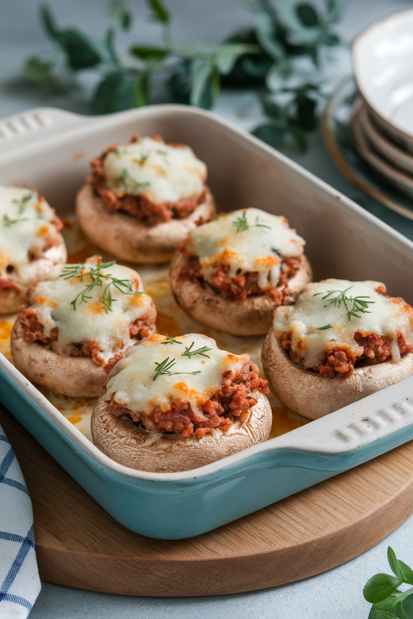 Photo of an indoor baking dish with button mushrooms stuffed with browned turkey sausage and herbs, cheese melted on top. No text or logos visible.