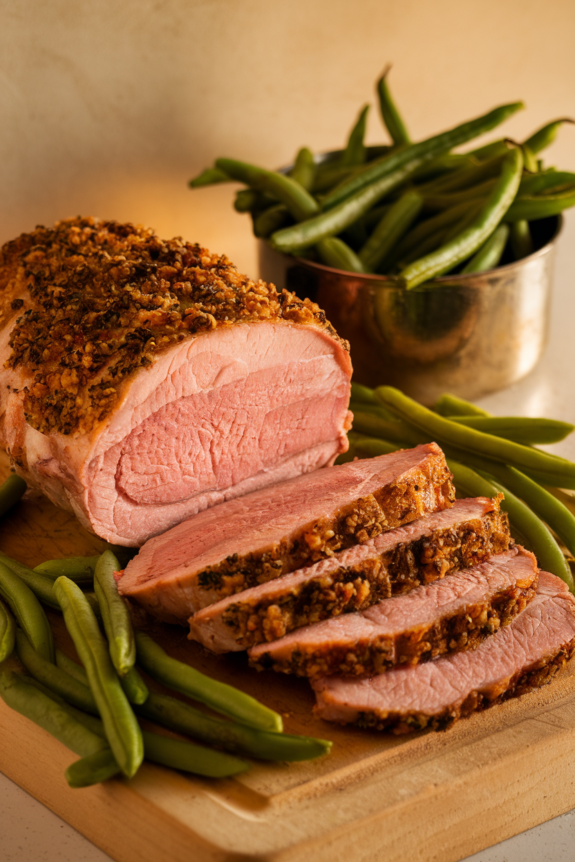 Indoor carving board shot of sliced pork tenderloin with a garlic herb crust, steamed green beans alongside. No visible logos; photo only.