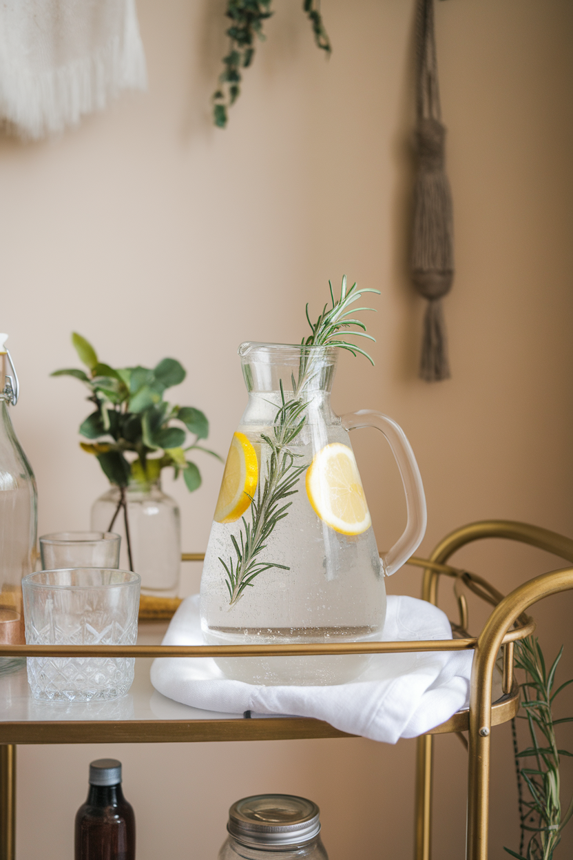 A clear carafe of sparkling water with rosemary sprigs and lemon slices on an indoor bar cart. No text or logos.