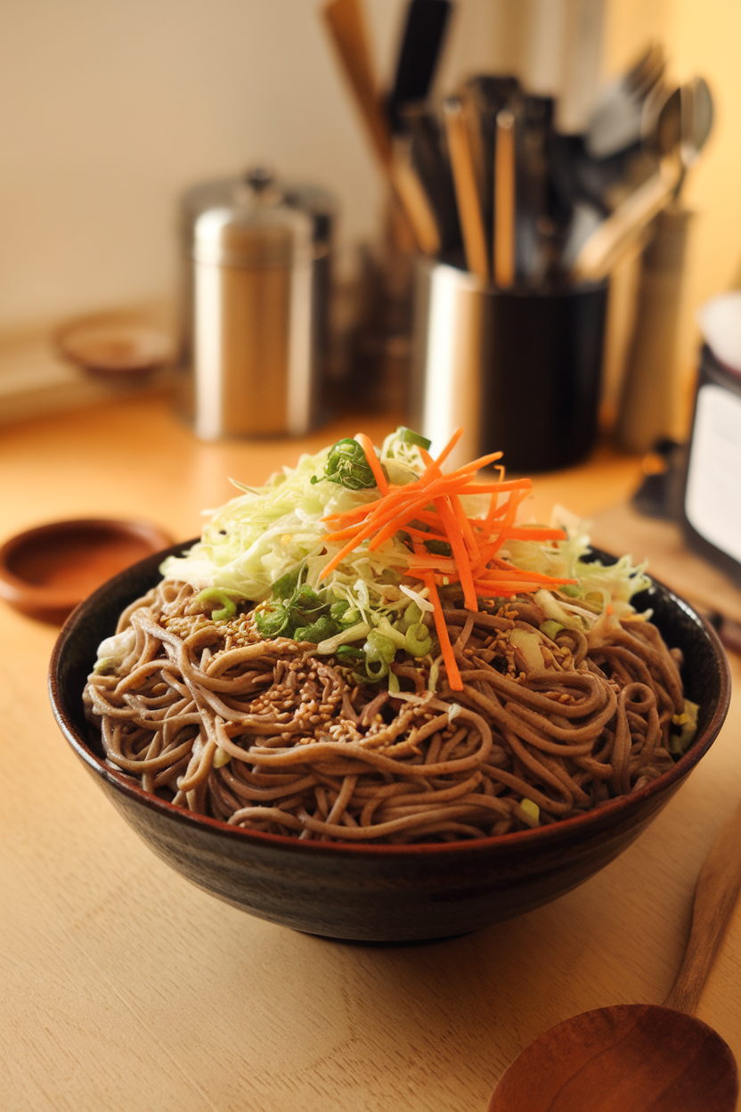Photo of an indoor kitchen table with soba noodles tossed with shredded cabbage, scallions, sesame seeds, and julienned carrots in a large bowl. No logos or text.