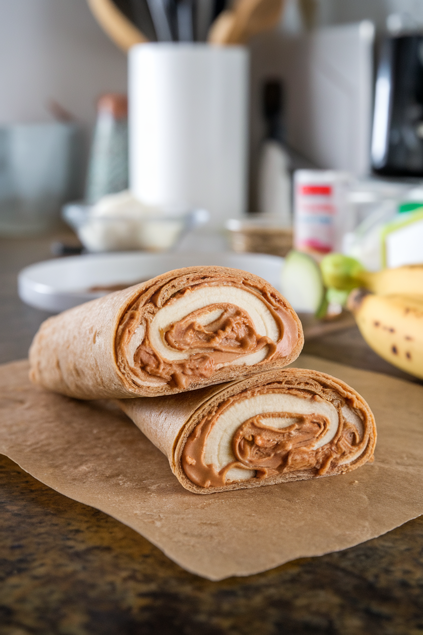 An indoor kitchen island holding a halved whole-wheat tortilla wrapped around a banana with peanut butter smear, sliced to show swirls. No text or logos; photo.