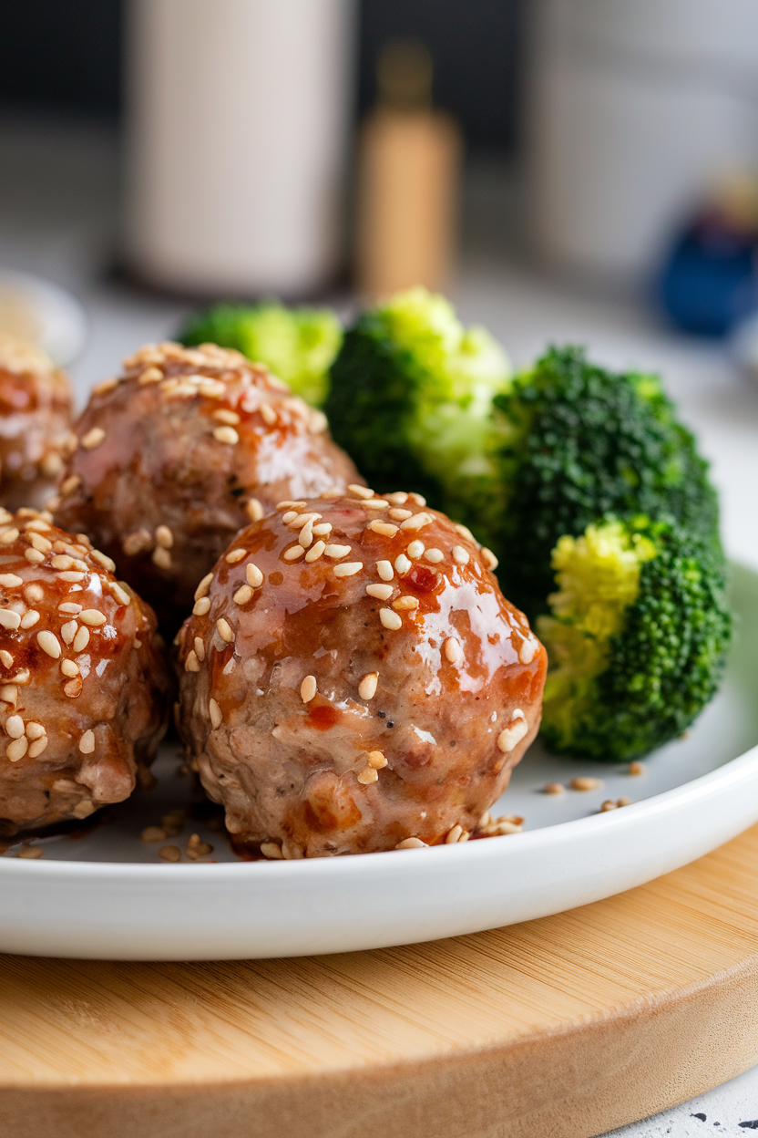 Indoor photo of glazed turkey meatballs sprinkled with sesame seeds on a white plate, side of steamed broccoli, no text or logos.