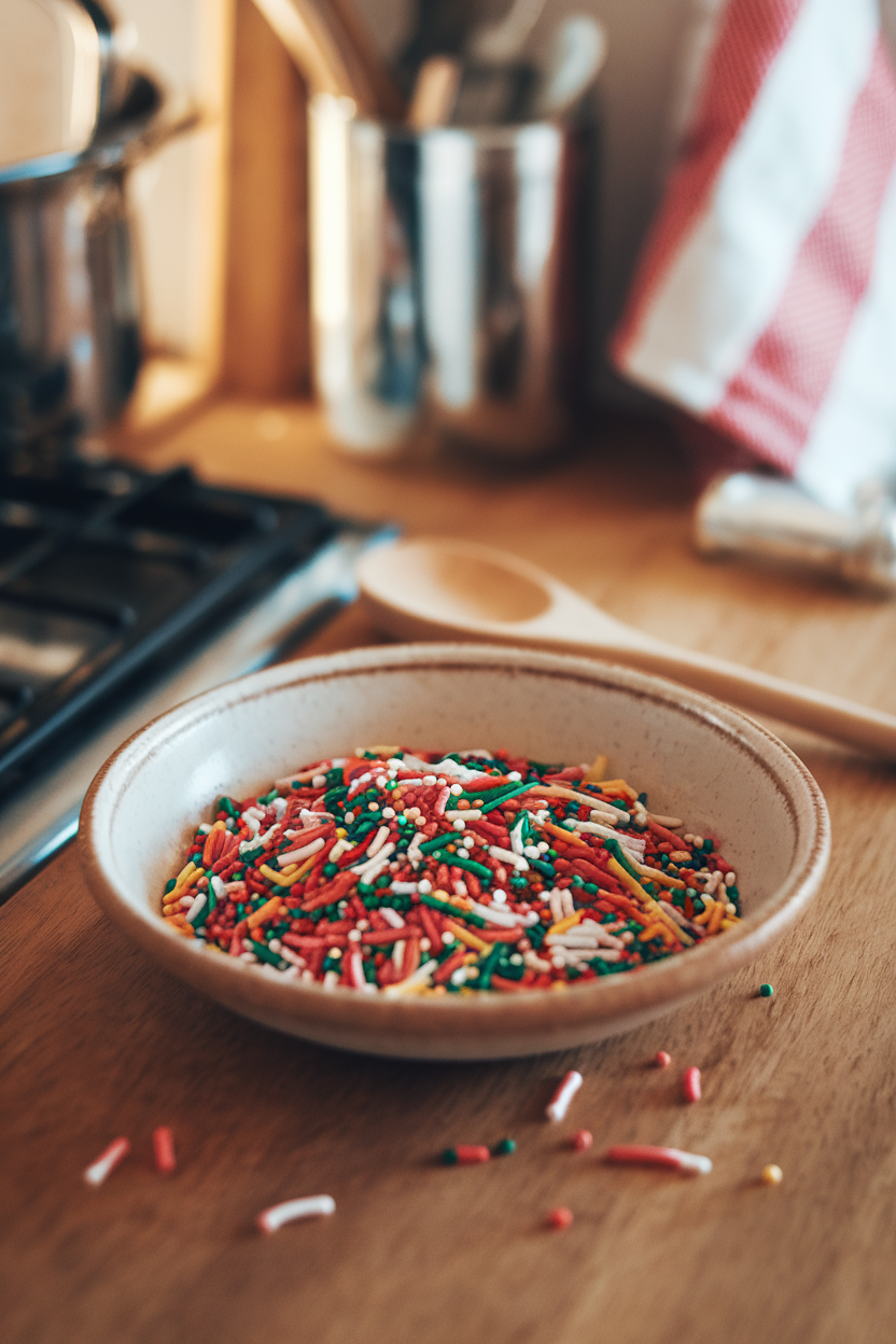 Indoor kitchen counter with a shallow dish overflowing with rainbow holiday sprinkles, no text or logos