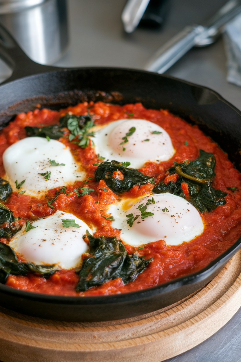 An indoor cast-iron skillet filled with tomato-pepper sauce and poached eggs, spinach wilted throughout, sprinkled with parsley. No text or logos. Photo only.