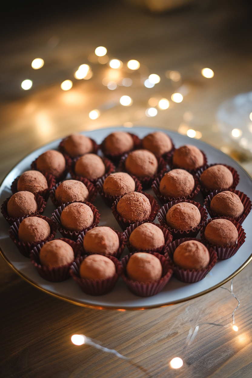 A plate of cocoa-dusted rum ball truffles arranged in candy cups, soft indoor holiday lighting, no text or logos.</Prompt