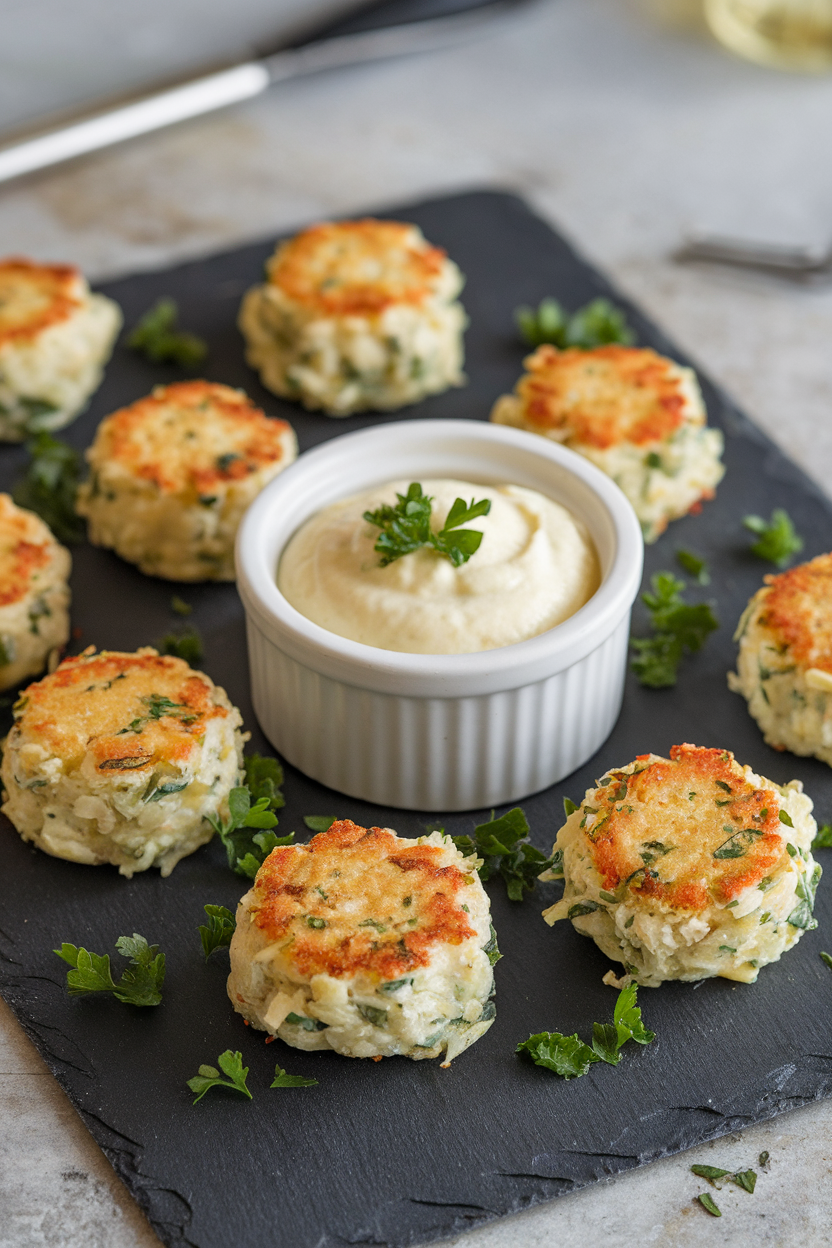 Indoor photo of bite-size golden crab cakes on a slate board with a ramekin of lemon aioli, parsley sprinkled around. No text or logos.