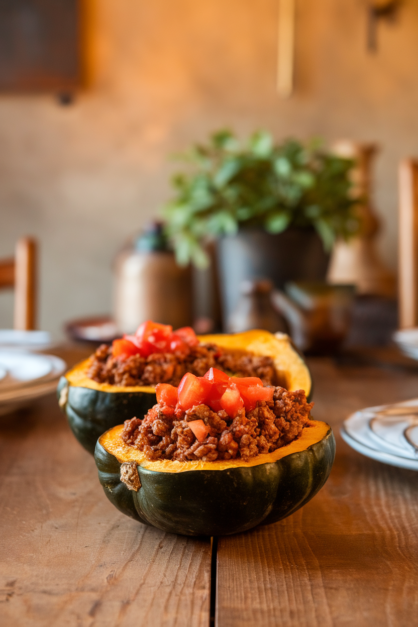 Indoor dining table with halved roasted acorn squash filled with taco-seasoned ground beef, topped with diced tomatoes. No logos; photo.