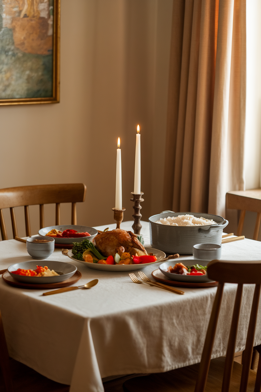 Photo of a calm indoor dining table set with a balanced family meal, warm lighting, no text or logos visible.
