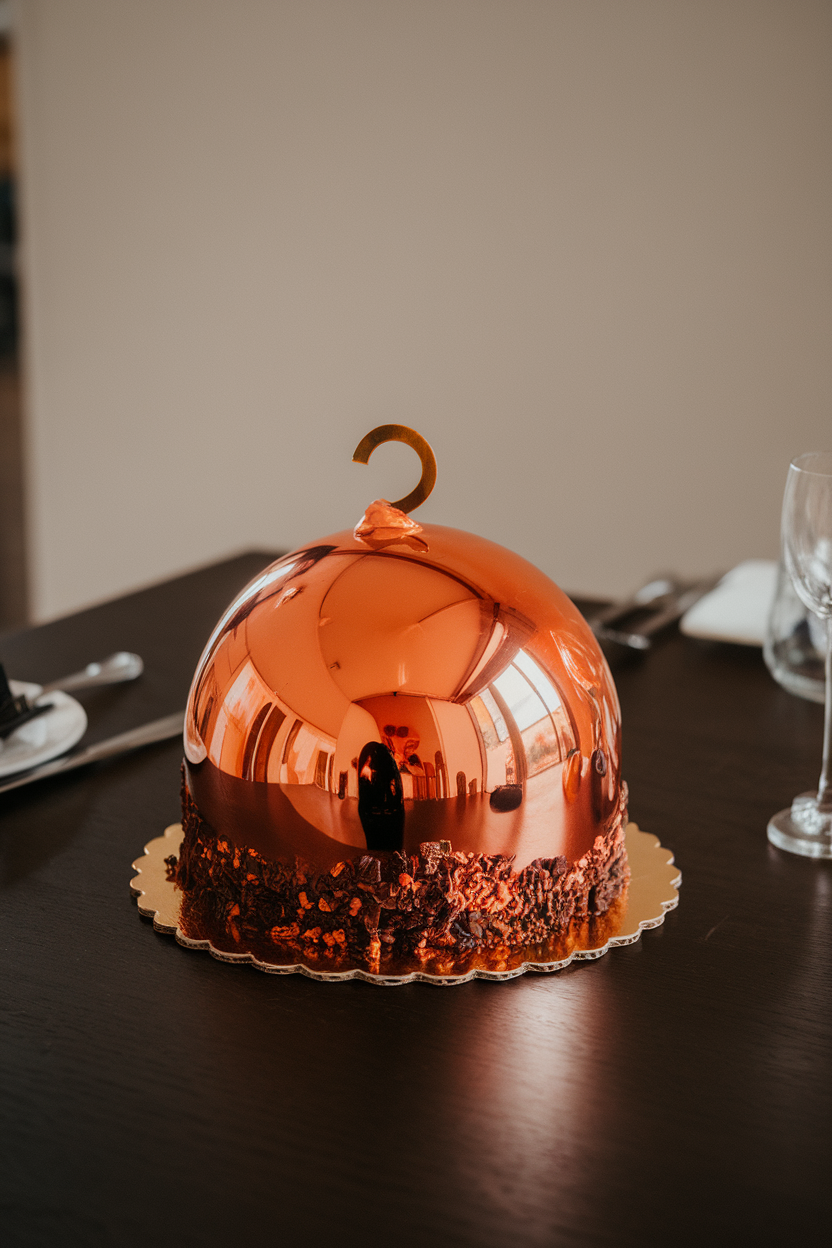 Indoor dining table with a shiny orange mirror-glaze sphere cake sitting on a chocolate cookie crumb base, accented with a small edible gold hanger. No text or logos.