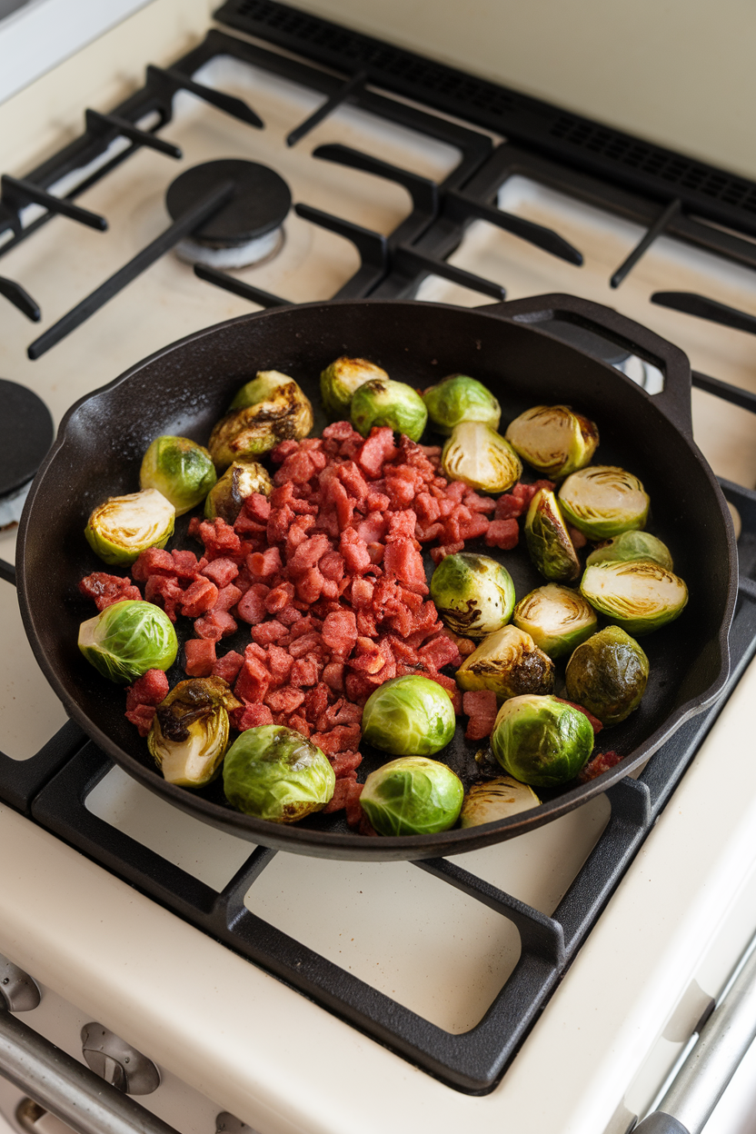 Indoor stovetop scene with sizzling Brussels sprouts and turkey bacon bits in a skillet, no text or logos. Photo.