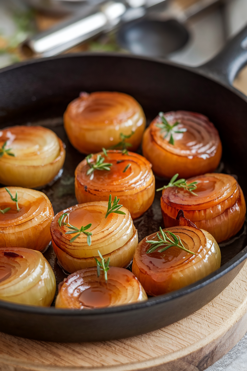 Indoor skillet shot of caramelized cipollini onions coated in glossy apricot glaze, herbs sprinkled over. No text or logos.