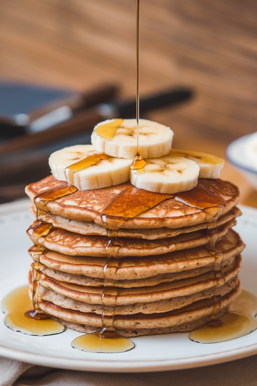 A stack of small buckwheat pancakes indoors topped with banana slices and a drizzle of pure maple syrup. Photo, no text or logos.
