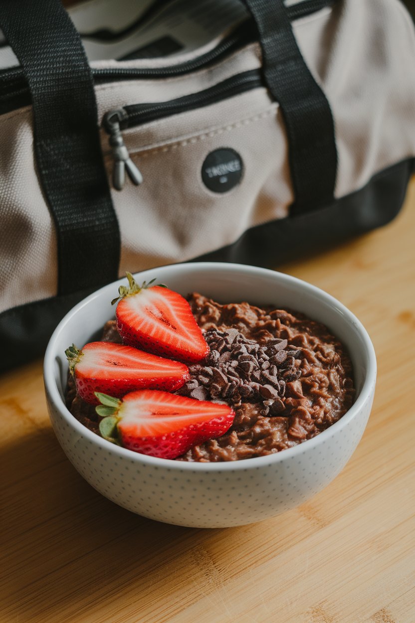 Indoor gym-bag backdrop with a bowl of chocolate oatmeal crowned with sliced strawberries and cacao nibs. No text or logos. Photo.