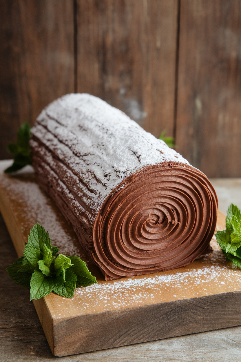 Indoor photo of a chocolate sponge cake rolled and frosted to resemble a log, dusted with powdered sugar “snow”; no text or logos