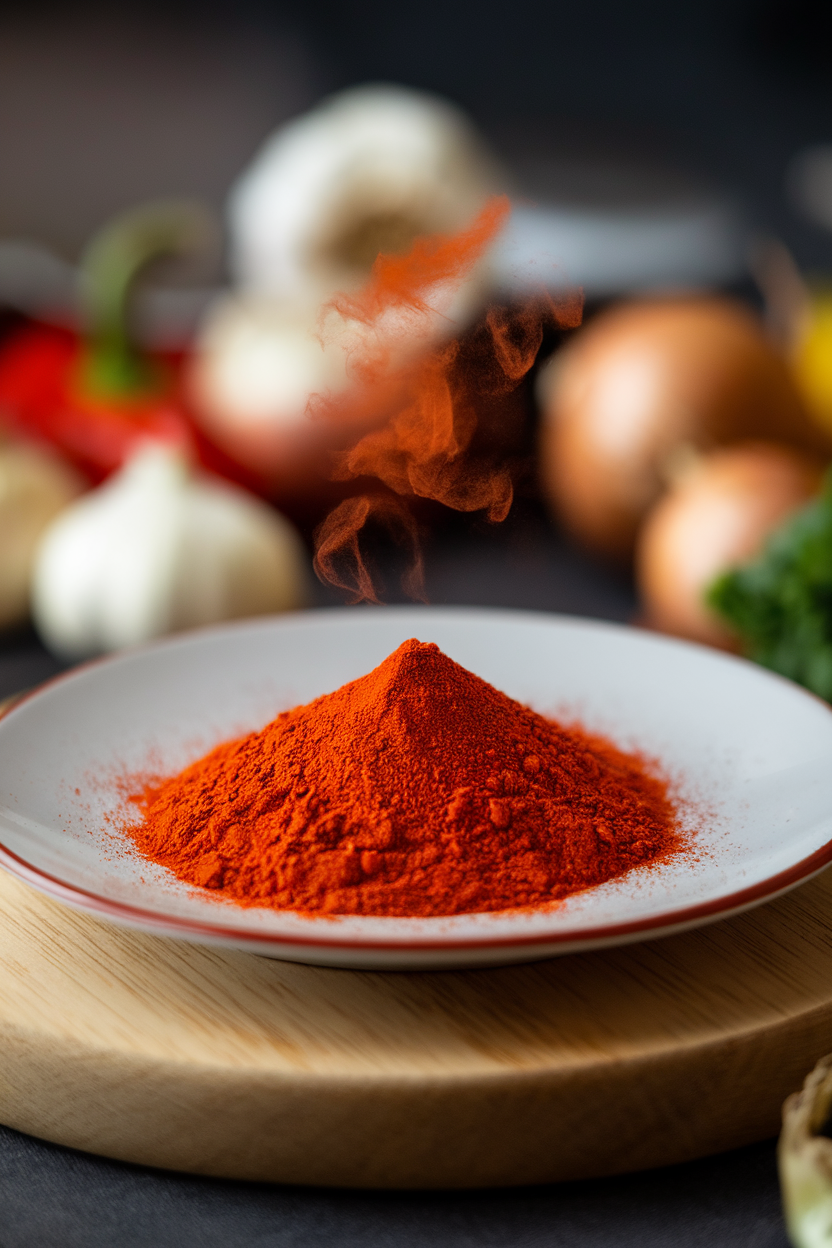 An indoor culinary scene with a vibrant red heap of smoked paprika on a white plate, faint wisps of spice dust visible, no text or logos, photo.