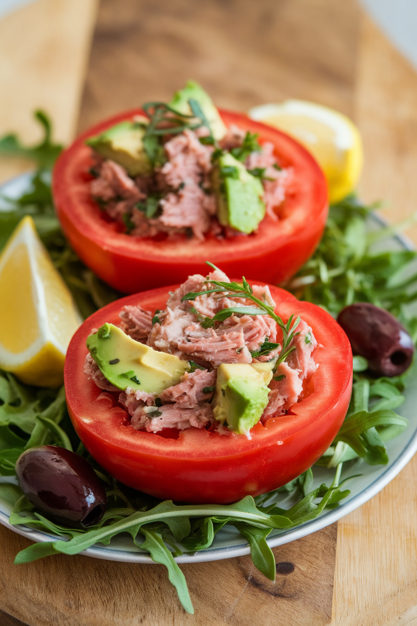 An indoor photo of halved beefsteak tomatoes filled with tuna, avocado, and herbs on a small serving platter. No text or logos.