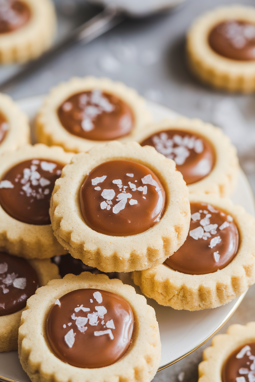 An indoor close-up of shortbread thumbprint cookies filled with gooey caramel and topped with flaky sea salt. Photo, no text or logos.