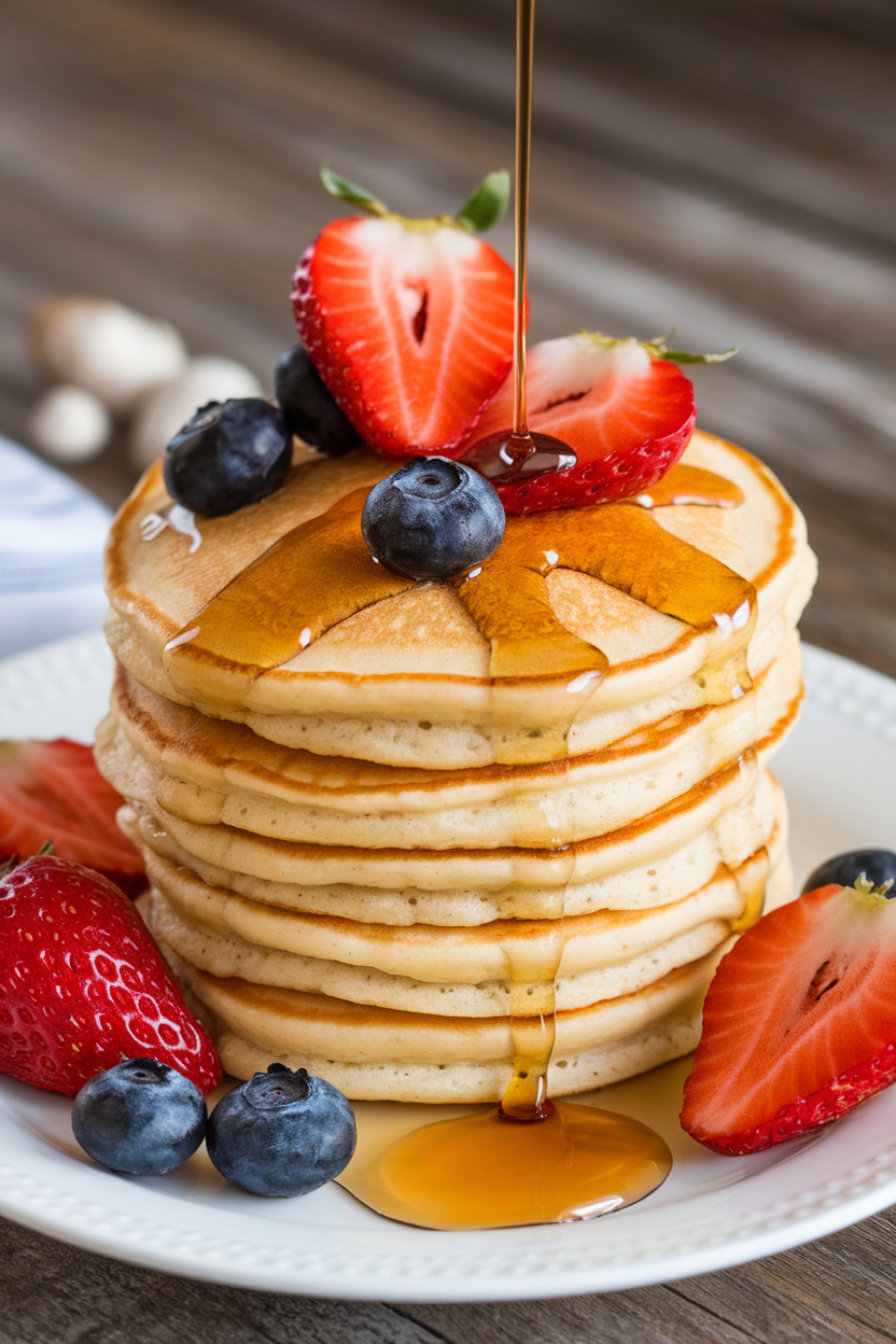 A photo taken indoors in soft morning light showing a plate of fluffy buttermilk pancakes topped with sliced strawberries, fresh blueberries, and a drizzle of maple syrup. No text or logos anywhere in the scene.