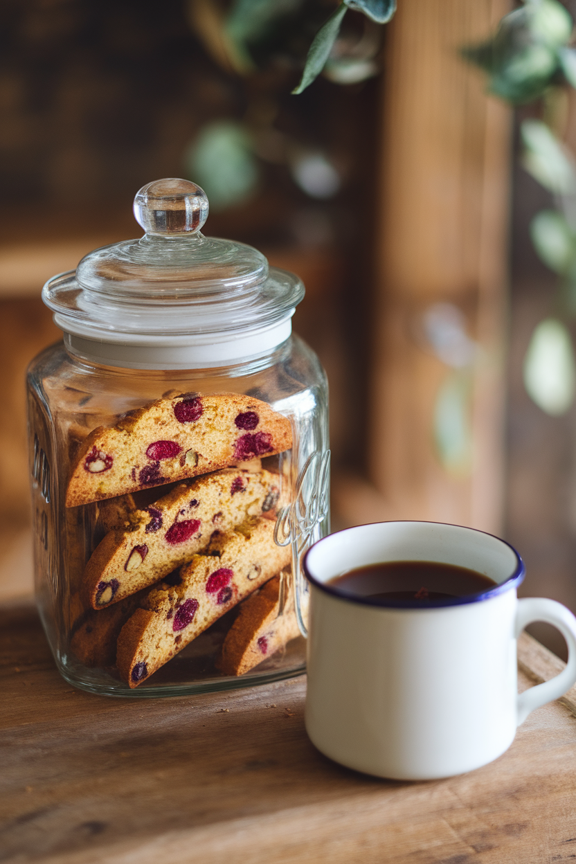 Photo of an indoor cookie jar filled with cranberry pistachio biscotti, a mug of coffee next to it. No text or logos visible.