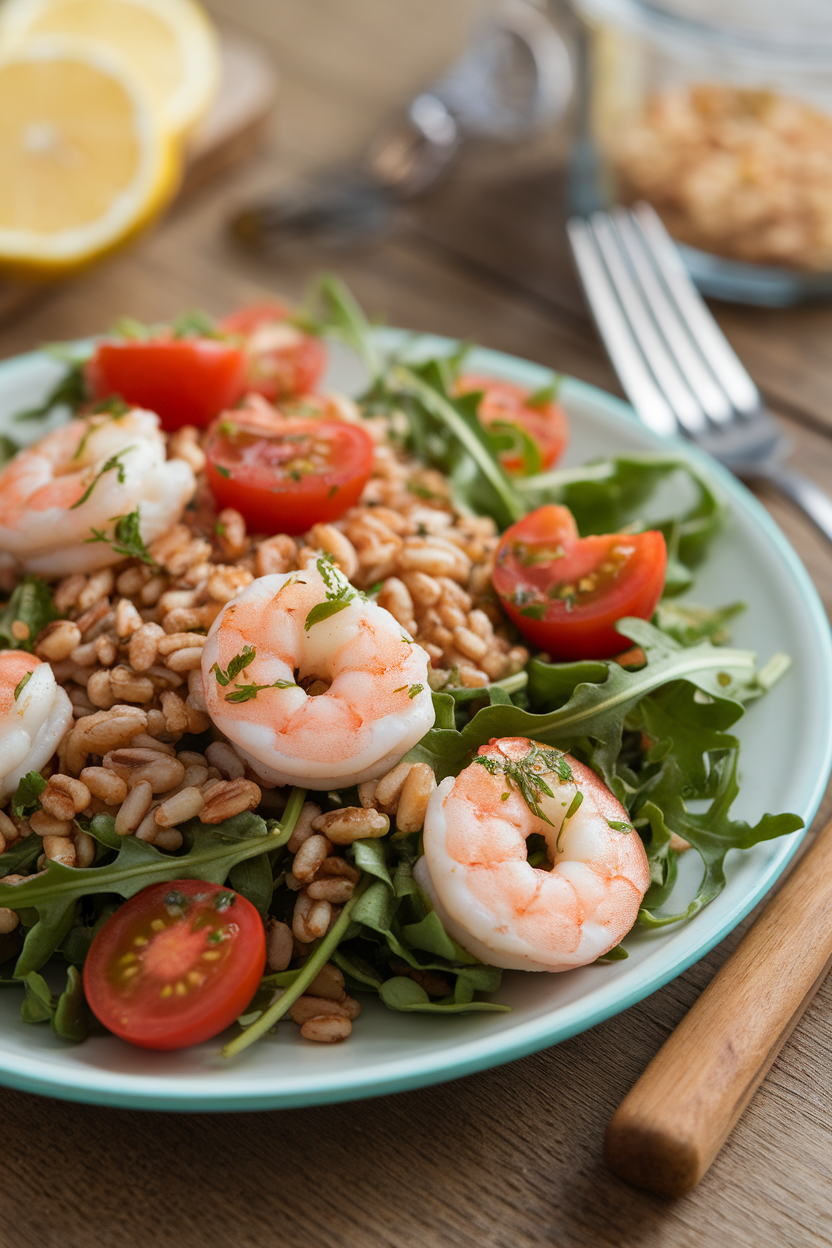 Indoor plate photo of peppery arugula tossed with farro grains, cherry tomatoes, and lemon-herb cooked shrimp; soft daylight, no text or logos.
