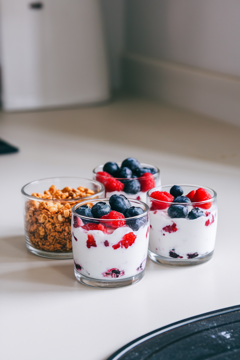 Indoor kitchen counter showing small glass containers filled with plain Greek yogurt, layered berries, and a separate compartment of granola to the side. No text or logos. Photo only.