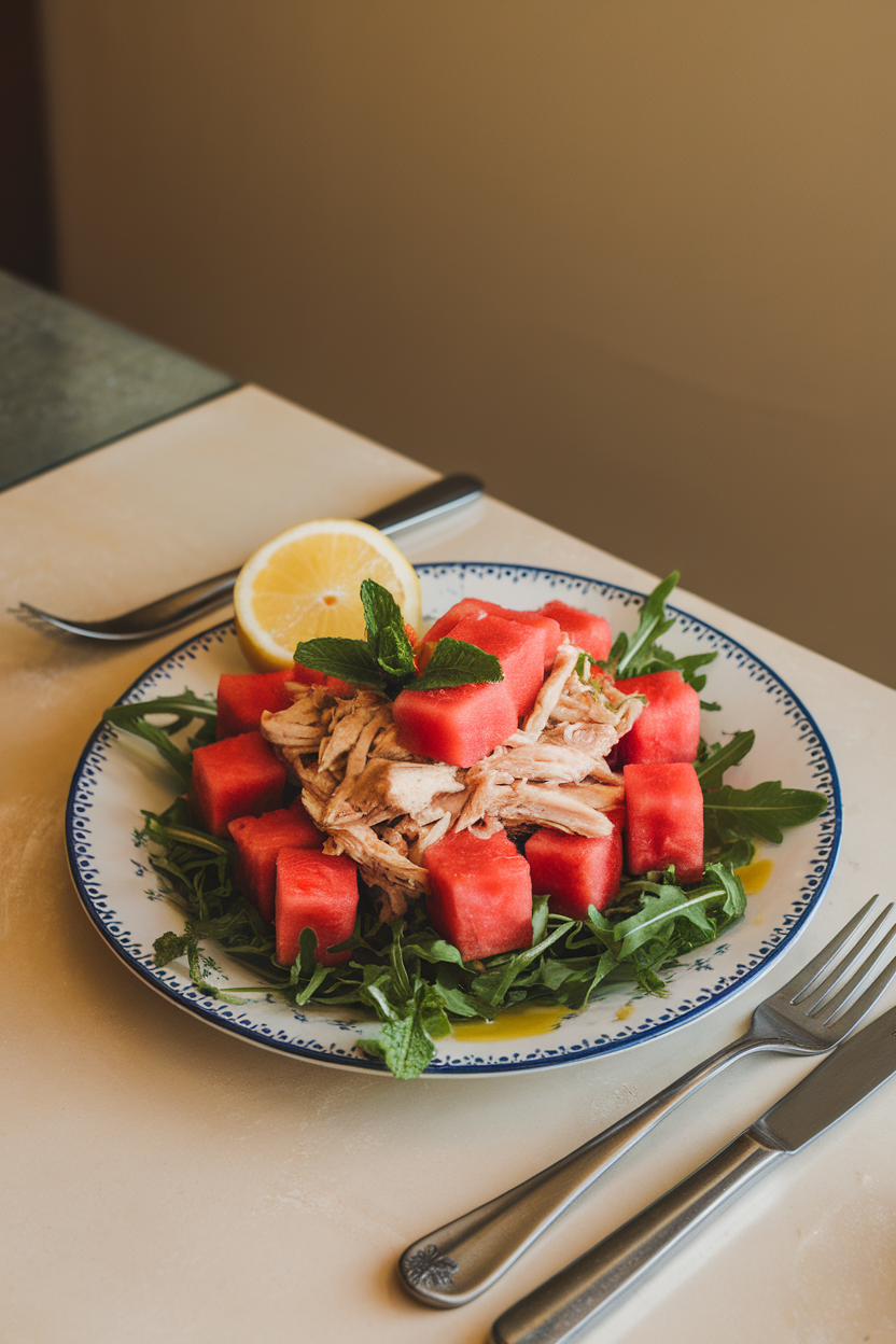 Indoor dining table with a plate of cubed watermelon, shredded chicken, fresh mint leaves, and arugula — no text or logos