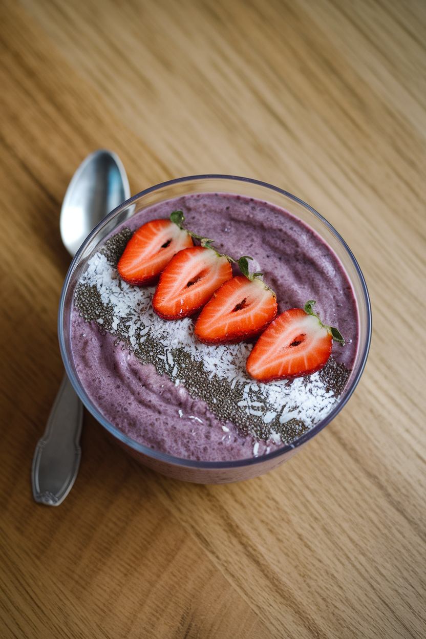An indoor table holding a shallow bowl of thick purple berry smoothie topped with sliced strawberries, chia seeds, and shredded coconut; spoon alongside, no text or logos, photo not illustration.