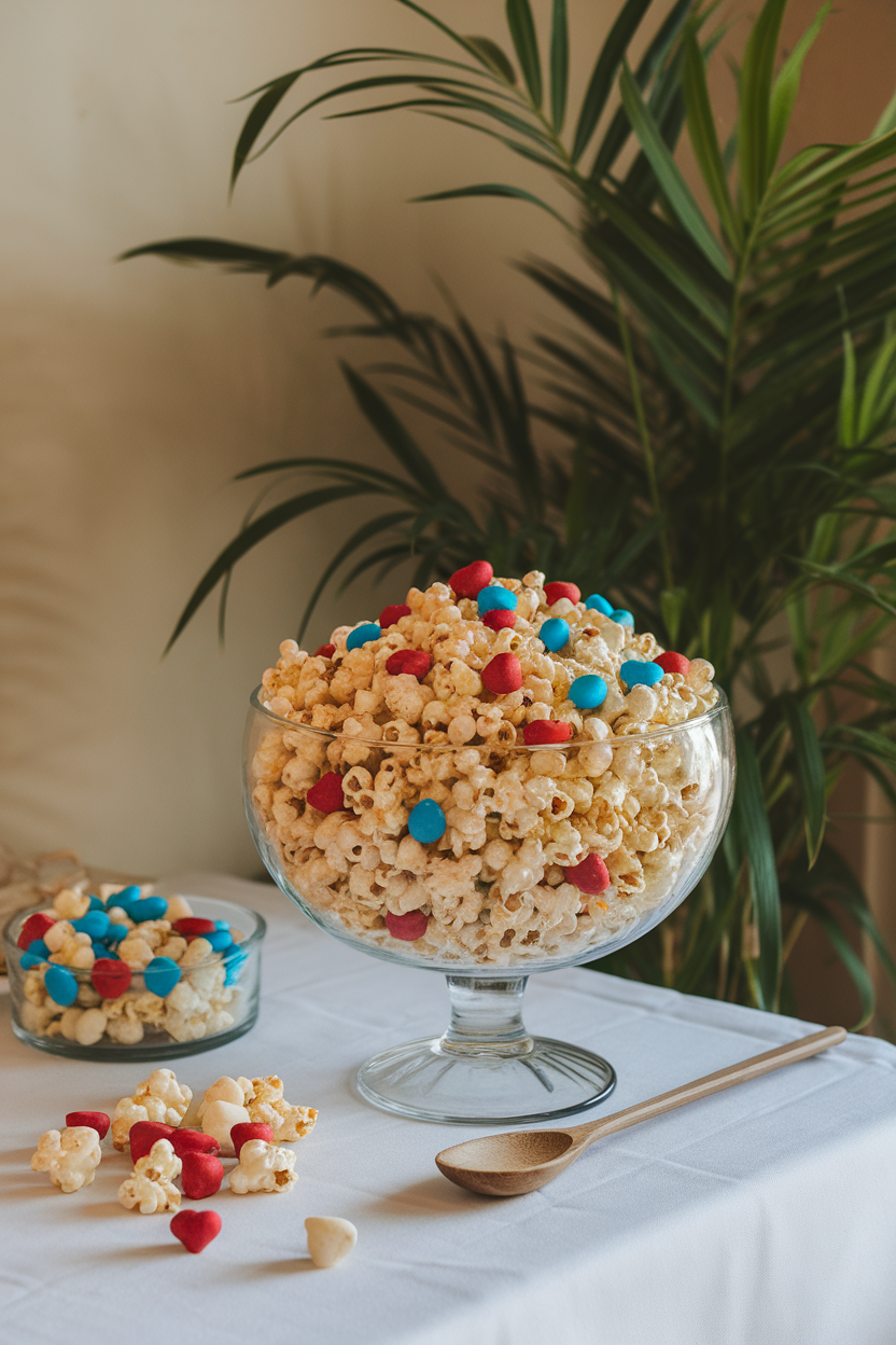 Indoor snack table with a large glass bowl of popcorn coated in white chocolate, mixed with red and blue candy-coated chocolates. No text or logos.