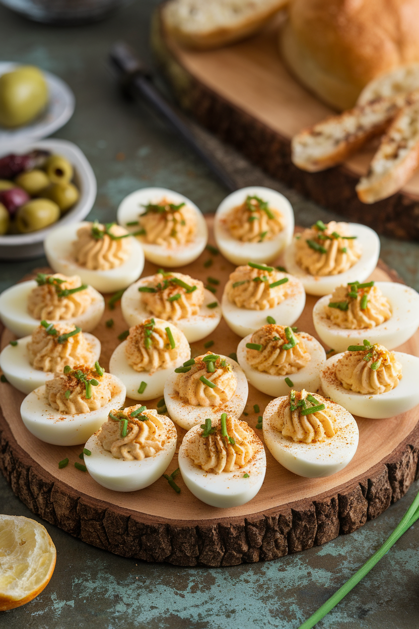 An indoor appetizer platter of halved deviled eggs sprinkled with smoked paprika and chopped chives. No text or logos present. Photo, not illustration.