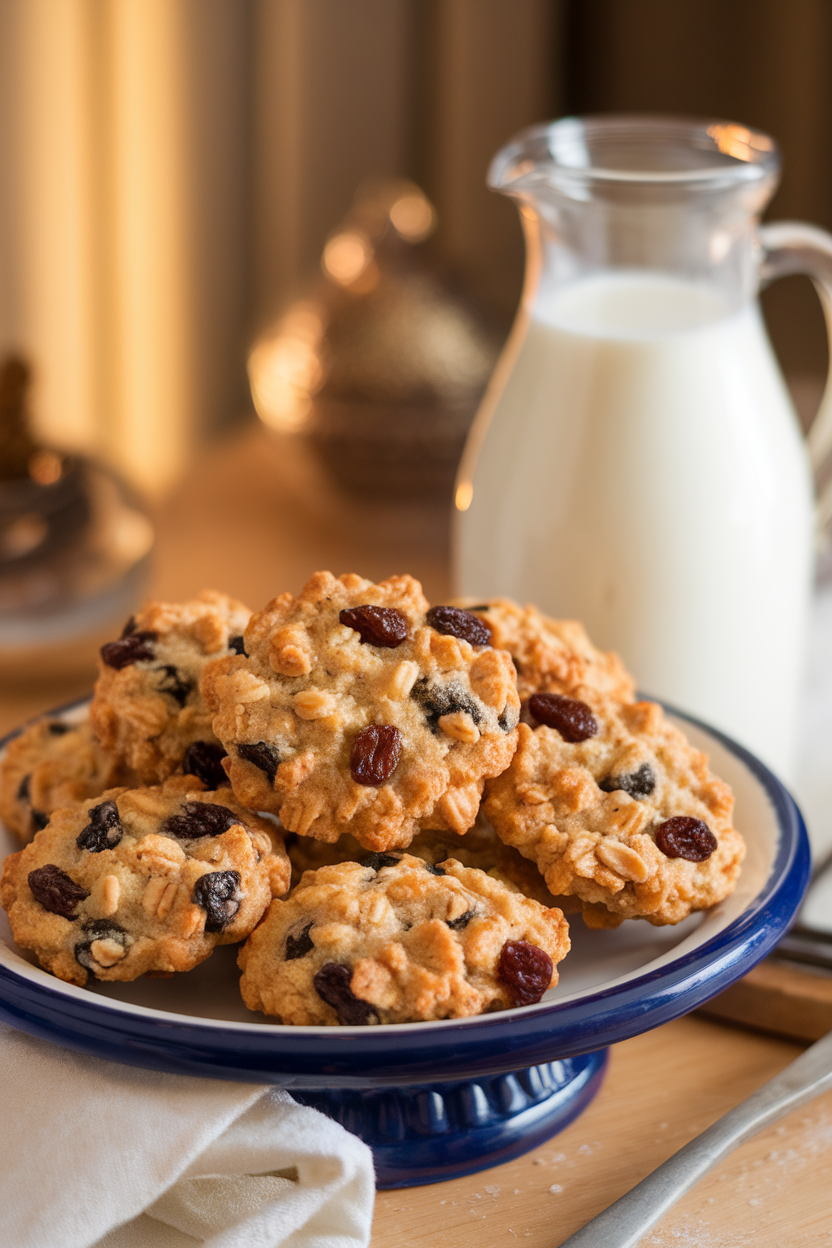 Photo prompt: Classic oat-raisin cookies on a ceramic platter, background shows a milk carafe, warm indoor light, no logos.