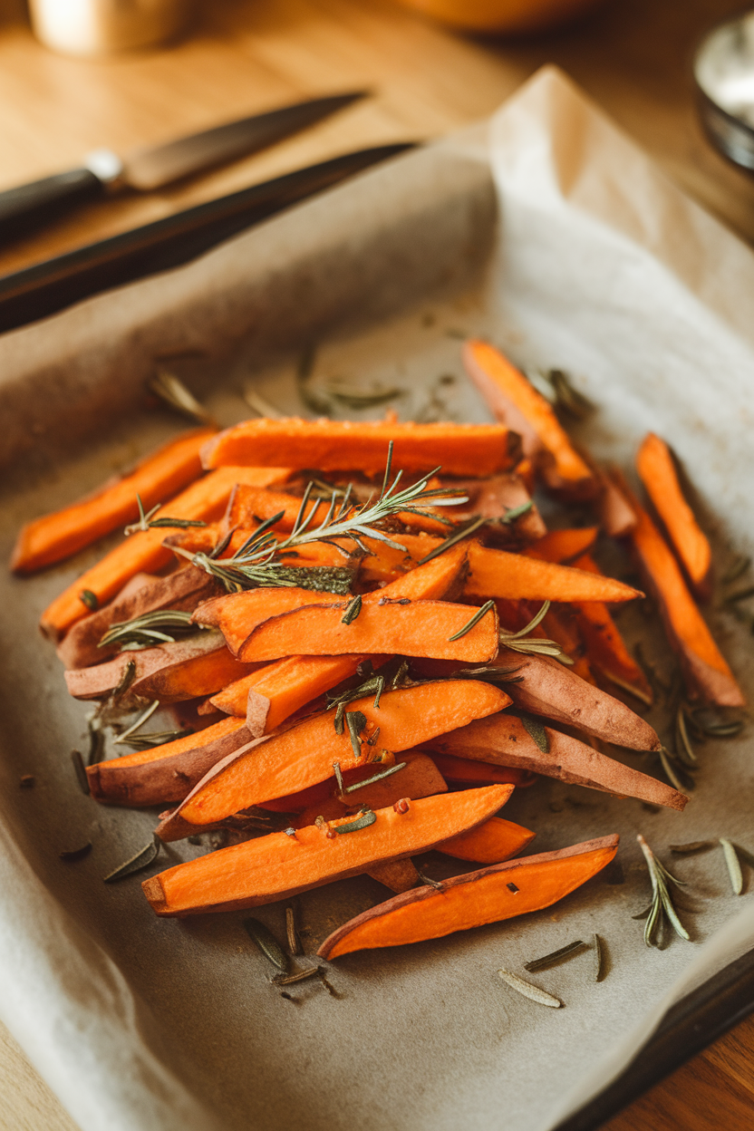 A parchment-lined indoor tray piled high with baked sweet potato fries sprinkled with chopped rosemary. No text or logos. Photo only.
