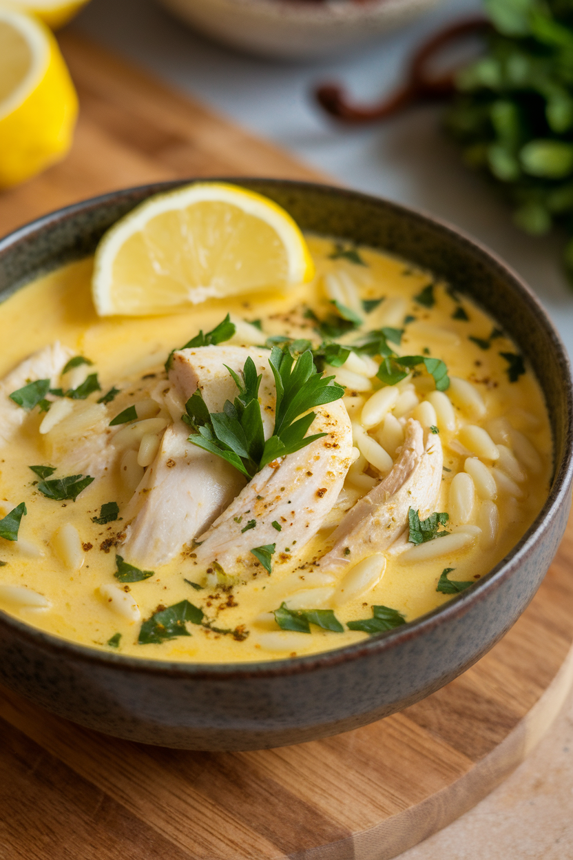 An indoor bowl of silky lemon-egg chicken soup with orzo and parsley garnish. No text or logos. Photo.