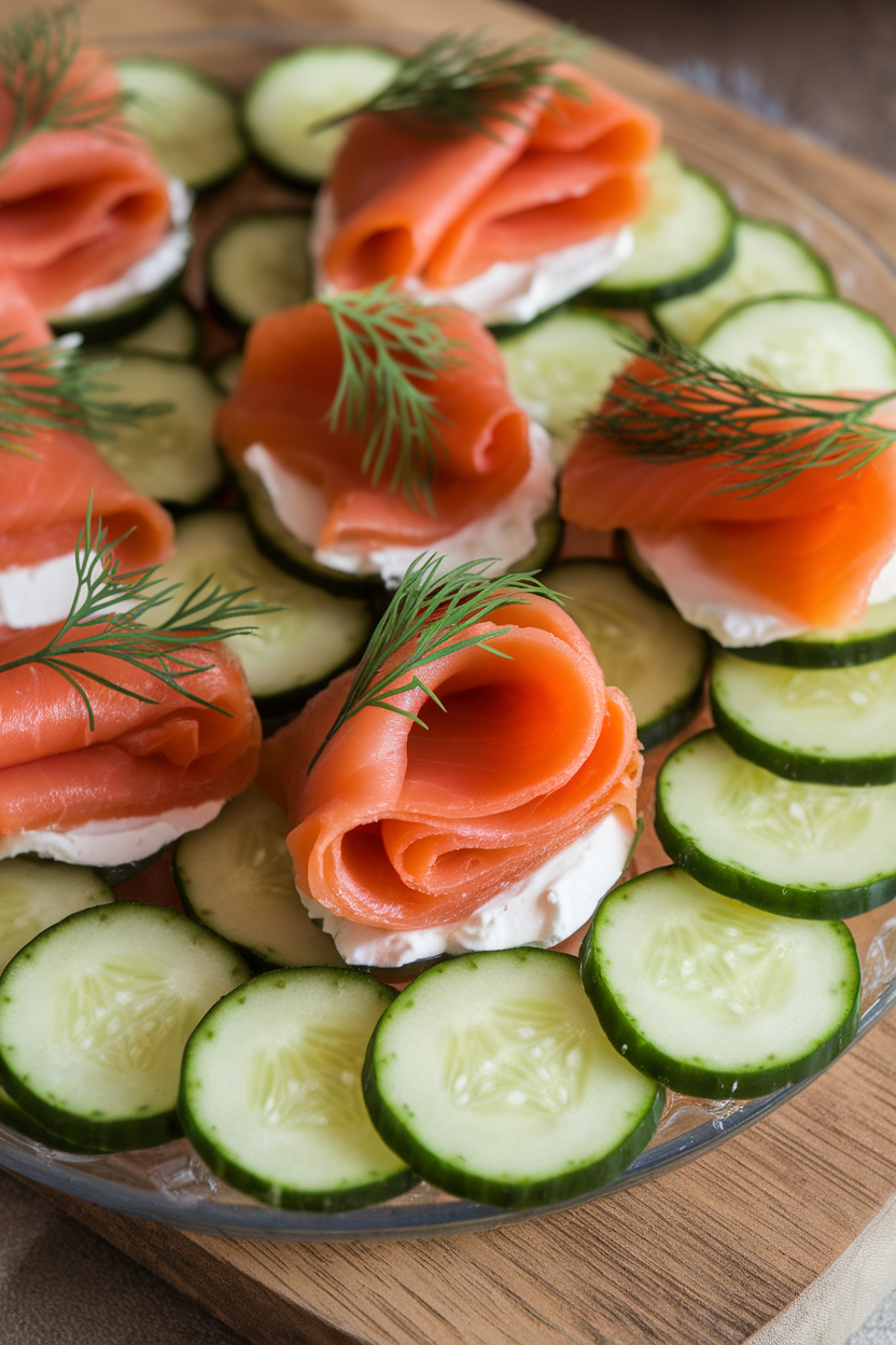 A chilled indoor platter holding cucumber slices topped with folded strips of cooked smoked salmon, dill sprigs, and a dab of cream cheese, no text or logos.