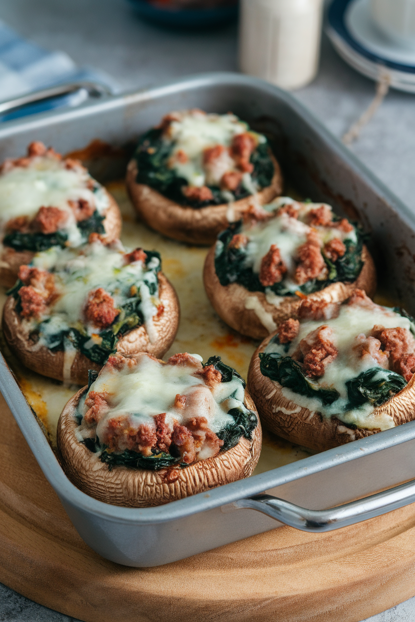 An indoor baking dish holding large mushroom caps stuffed with browned sausage, wilted spinach, and melted cheese topping. No text or logos. Photo only.