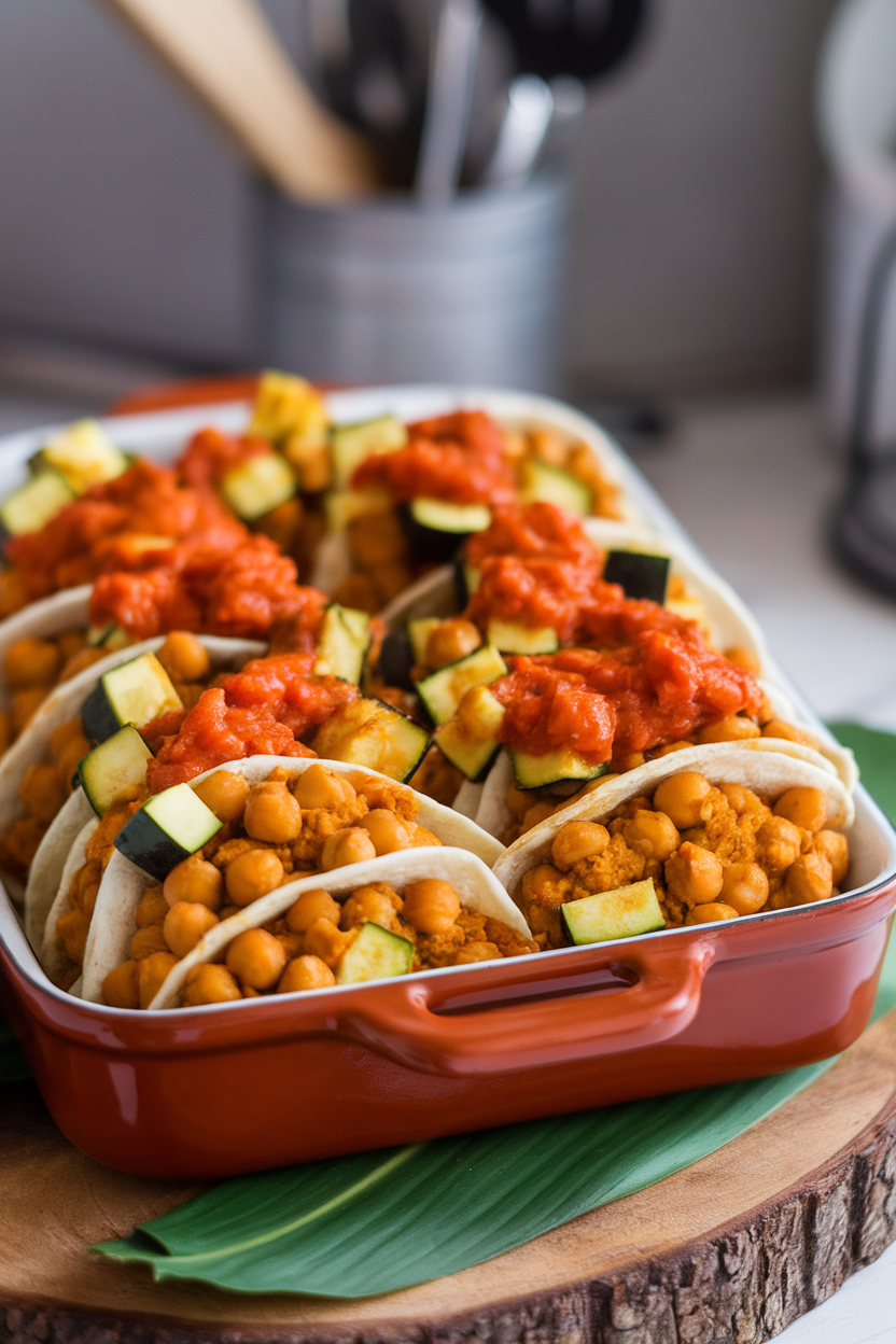 Indoor casserole of tortillas stuffed with curried chickpeas and zucchini cubes, topped with coconut-tomato sauce, no text or logos.