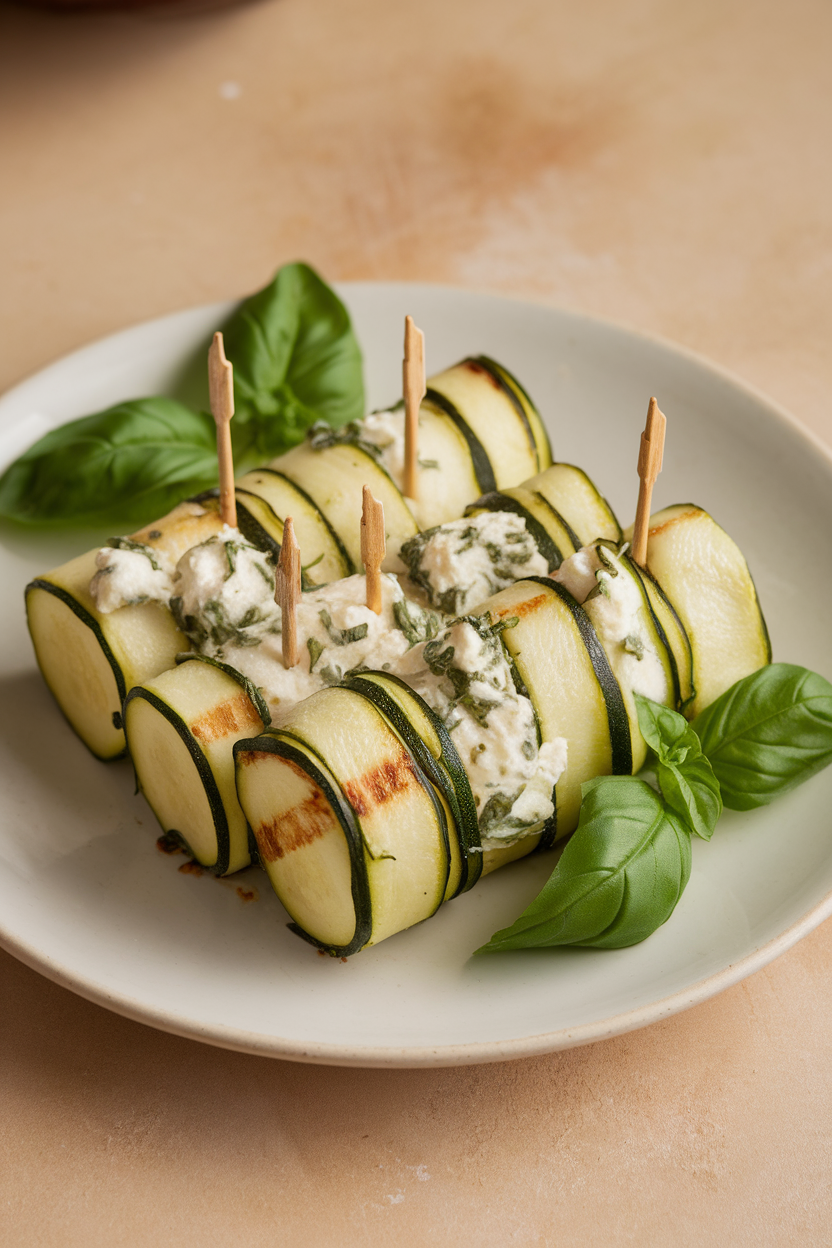 An indoor plate featuring thin grilled zucchini strips rolled around herbed ricotta filling, secured with toothpicks—photo, no text or logos.