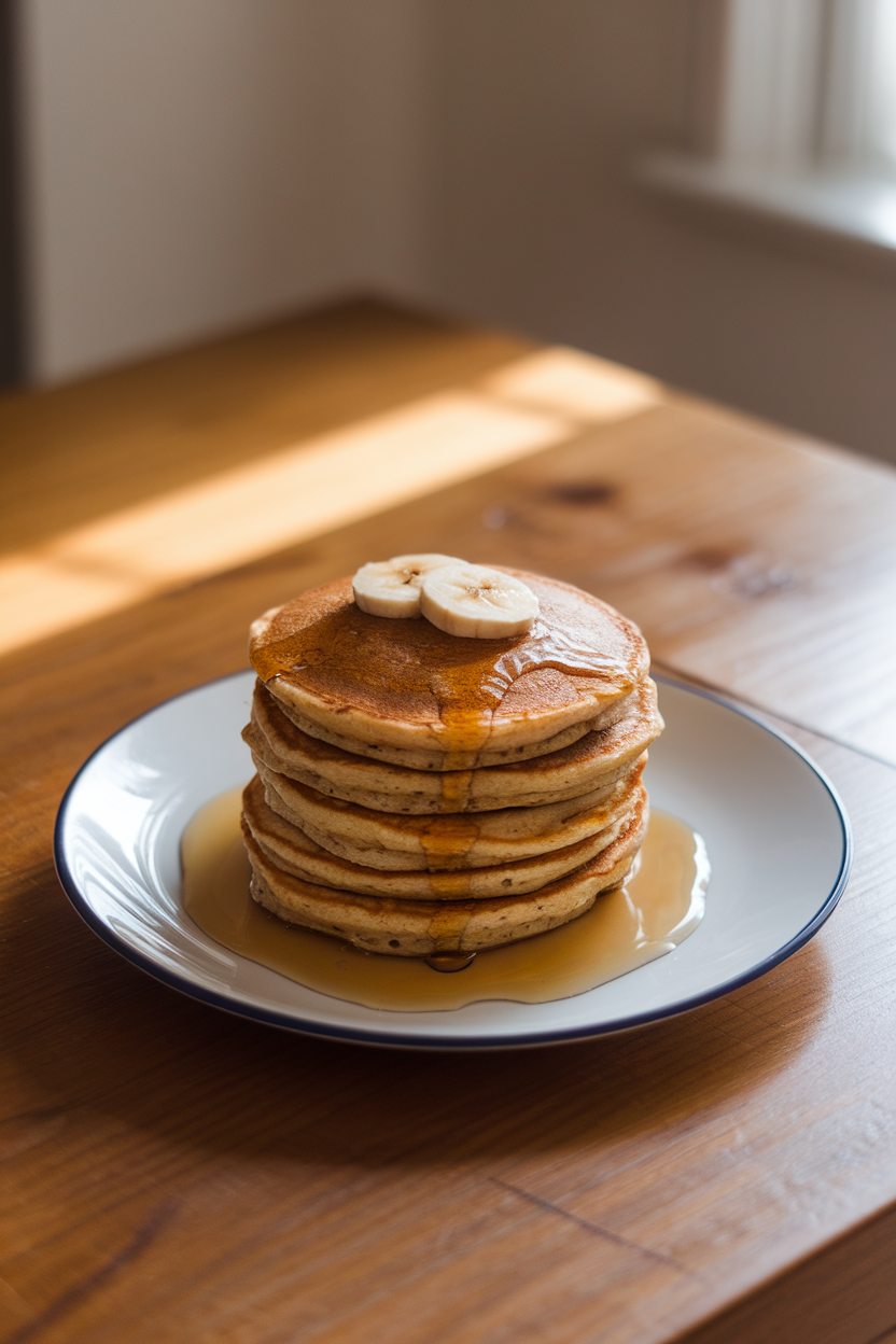 Photo of a stack of golden banana-oat pancakes on a simple white plate, a drizzle of maple syrup pooling at the base, shot indoors on a wooden breakfast table with morning light. No text or logos visible. Photo, not illustration.