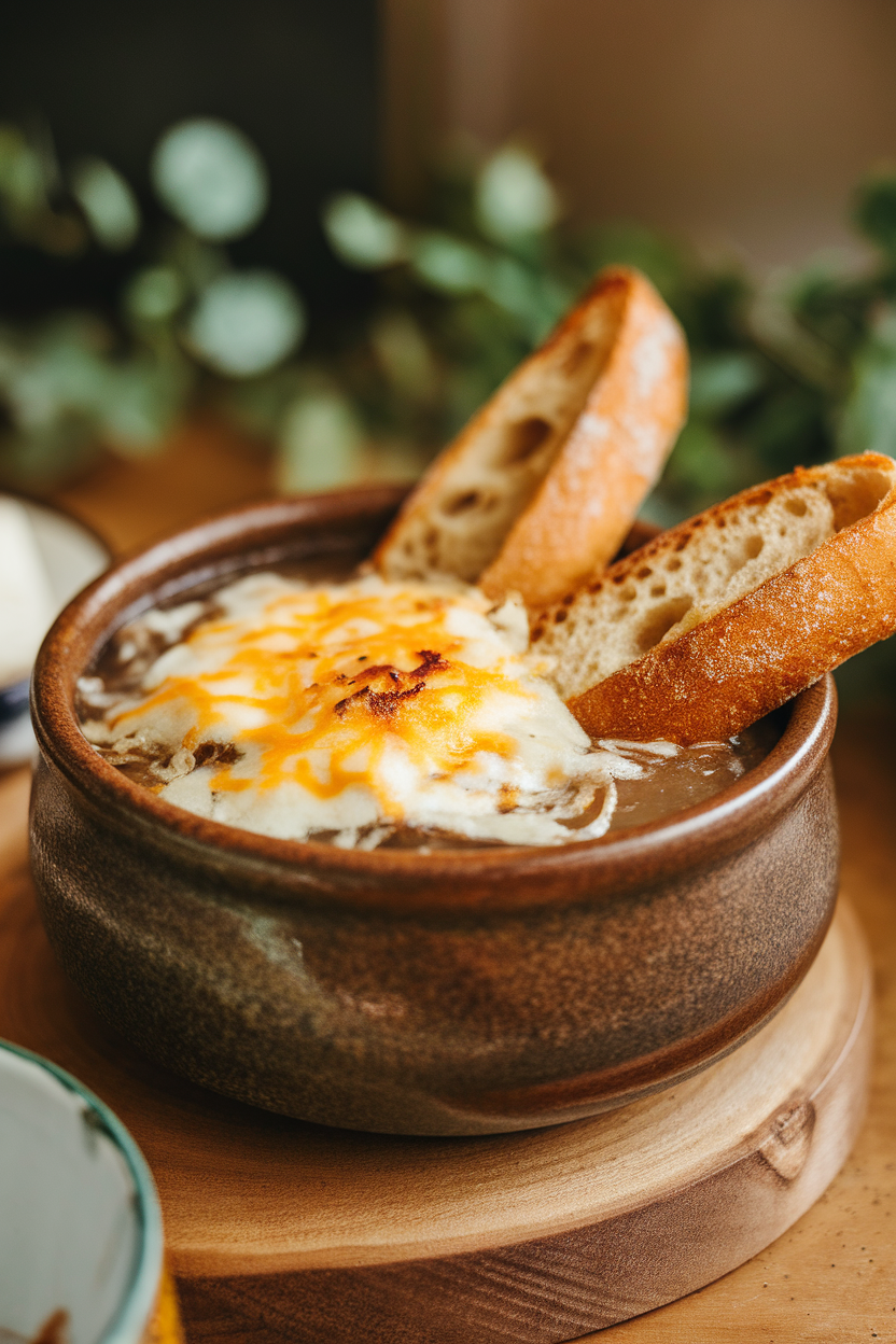 Indoor shot of a stoneware bowl filled with French-style onion soup, cheese bubbling over toasted baguette rounds on top. No logos. Photo.
