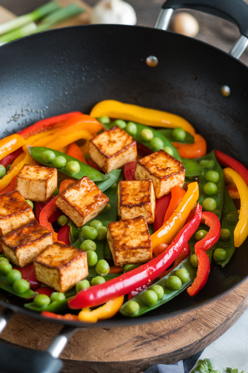 An indoor photo of a wok containing colorful bell peppers, snap peas, and golden seared tofu cubes coated in a glossy ginger soy sauce. No text or logos.