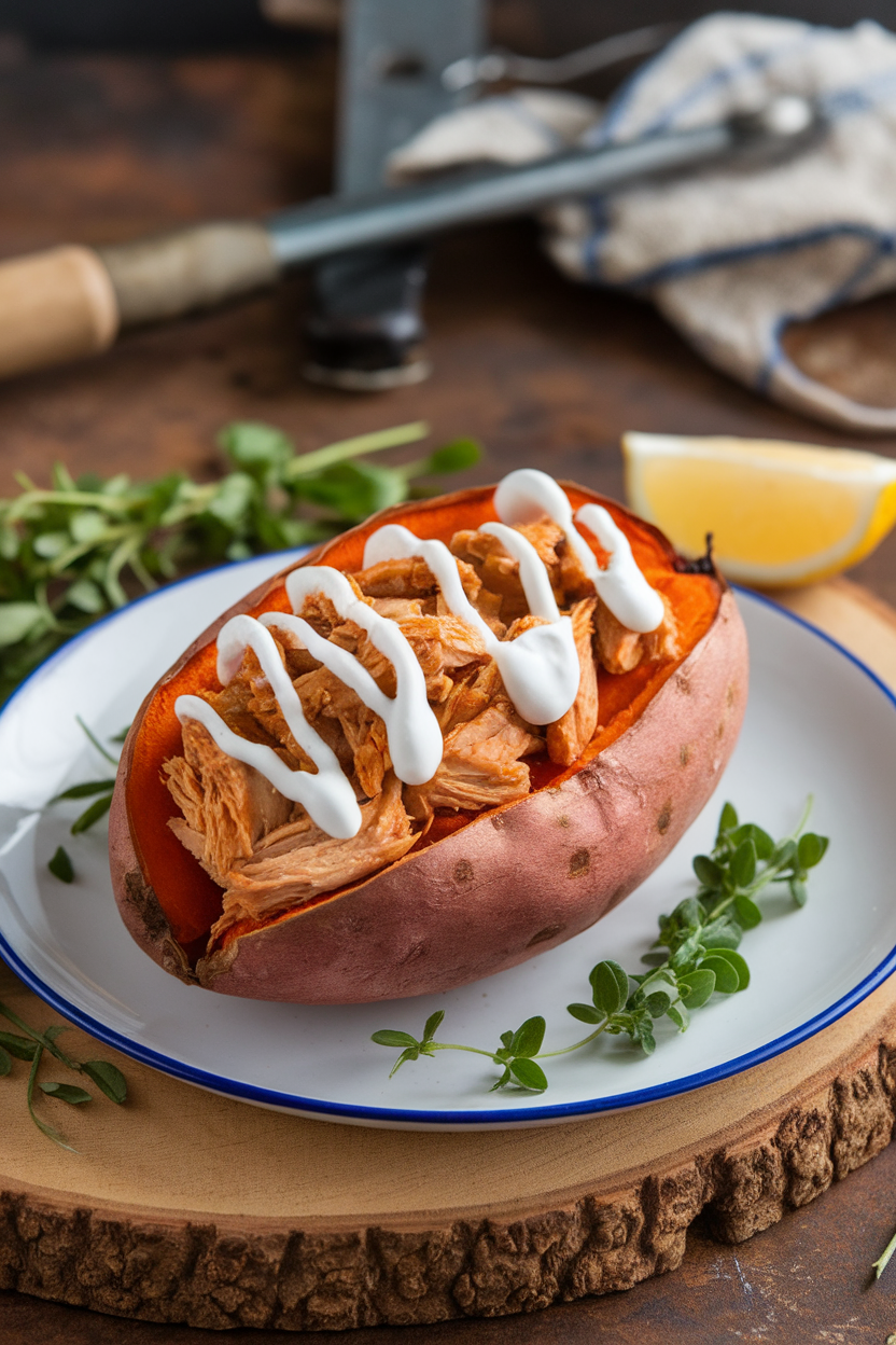An indoor plate featuring a split roasted sweet potato filled with shredded BBQ chicken and a drizzle of yogurt sauce; no text or logos, photo not illustration.