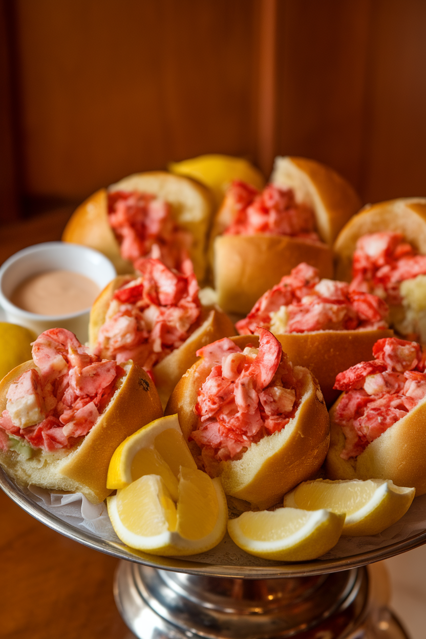 Indoor photo of small split-top rolls overflowing with lobster salad on a serving tray, melted butter brushed on buns. No text or logos.