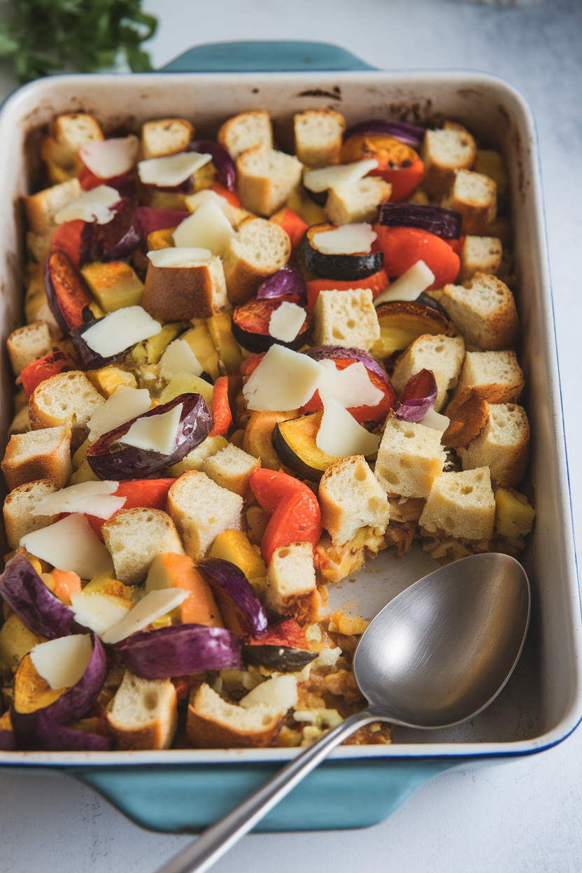 Indoor photo of a baking dish layered with cubes of bread, roasted vegetables, and cheese, golden and puffed from the oven. Serving spoon at the ready; no text or logos.