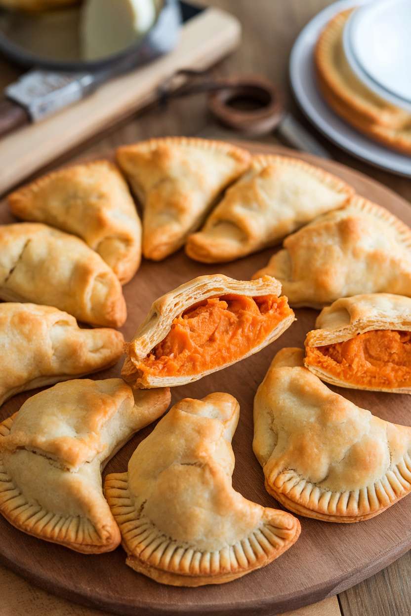 An indoor pastry board with crescent hand pies cut open to reveal orange sweet potato filling, flaky layers visible. This should be a photo, not an illustration. No text or logos anywhere in the scene.