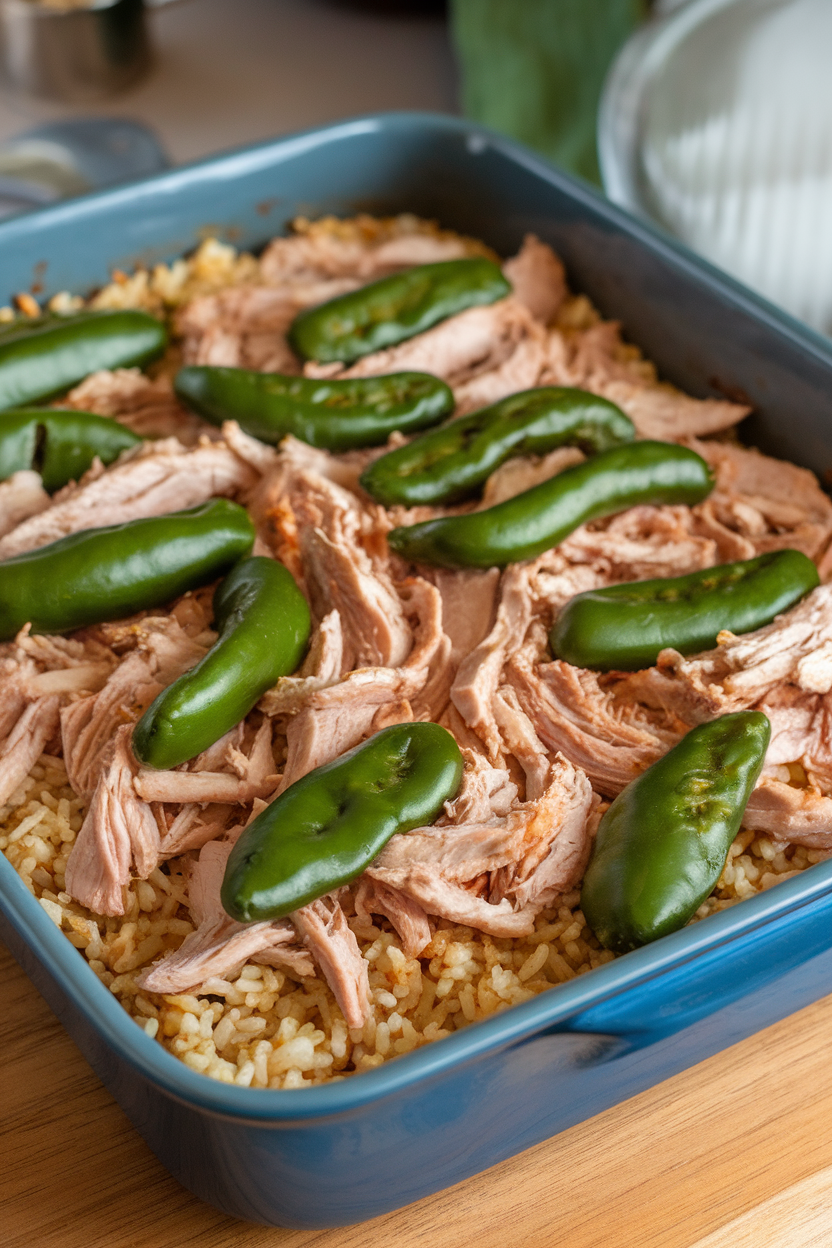 Indoor countertop view of a baking dish with shredded turkey breast, brown rice, tomatillo salsa verde, and poblano strips, lightly browned in spots. No brand names or text.