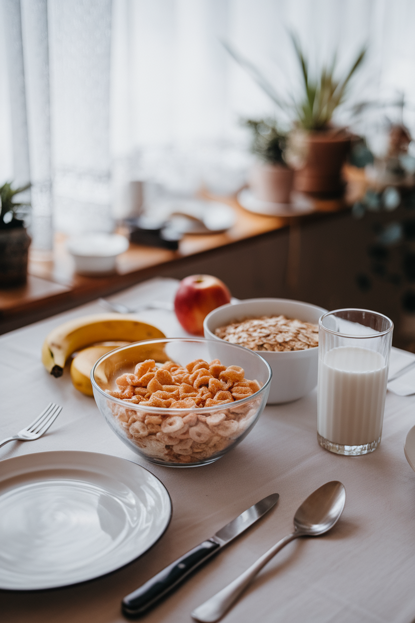 Indoor breakfast table with cooked steel-cut oats beside a nearly empty bowl of sugary cereal—no readable branding, photo.