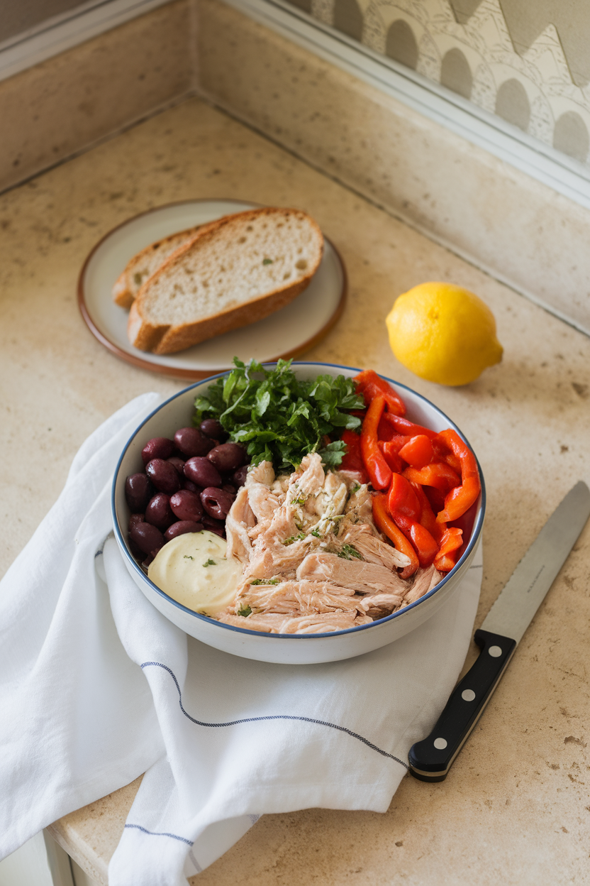 Indoor countertop with a bowl of shredded chicken, mixed olives, roasted red peppers, parsley, and lemon dressing — no text or logos