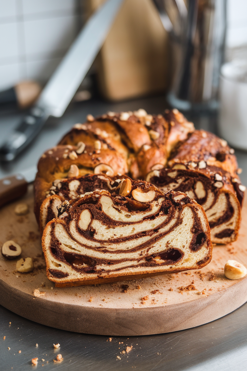A wooden board on a kitchen counter featuring a sliced babka with visible chocolate swirls and hazelnut pieces, crumbs scattered. No text or logos.