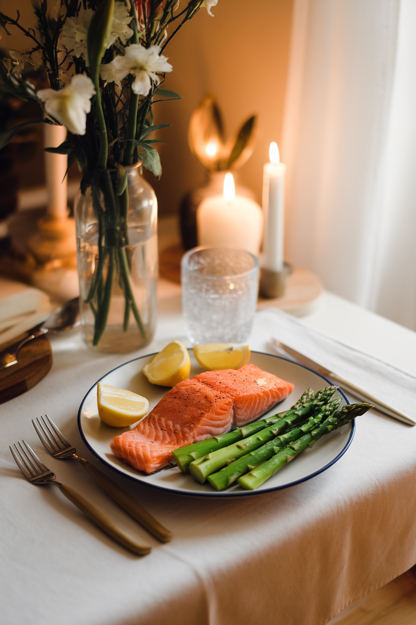 A warmly lit indoor dining table showcasing a cooked salmon fillet with lemon wedges and steamed asparagus on a white plate. No text or logos. Photo.