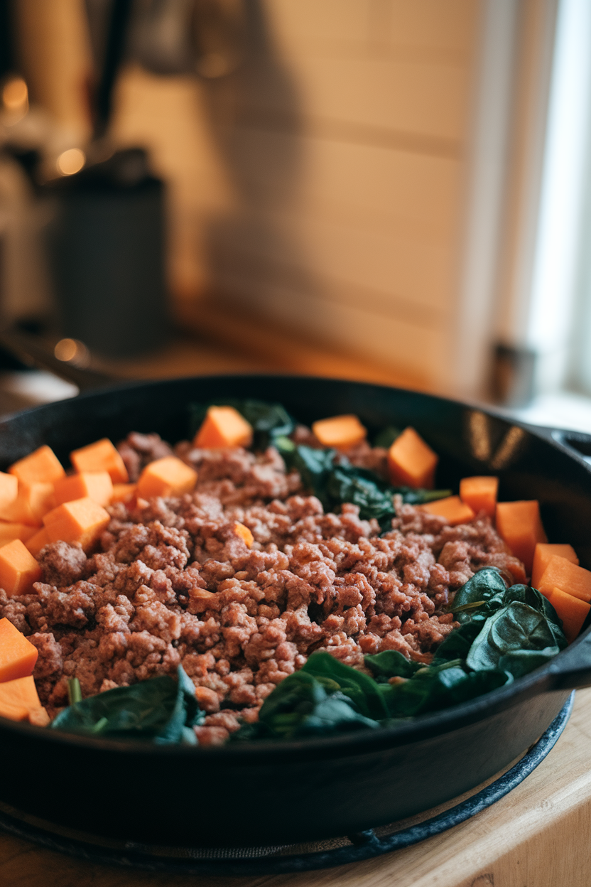 Indoor photo of a cast-iron skillet filled with browned ground turkey, cubed sweet potatoes, and wilted spinach, shot from a 45-degree angle under warm kitchen lighting, no text or logos.