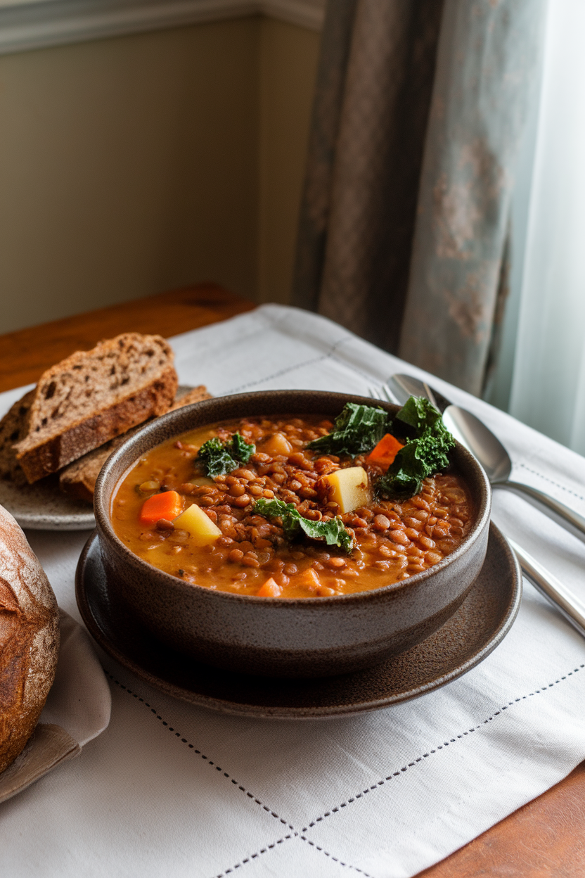 Indoor dining table featuring a deep bowl of hearty lentil soup, kale leaves floating on top, and a piece of whole-grain bread on the side. No text or logos; photo.